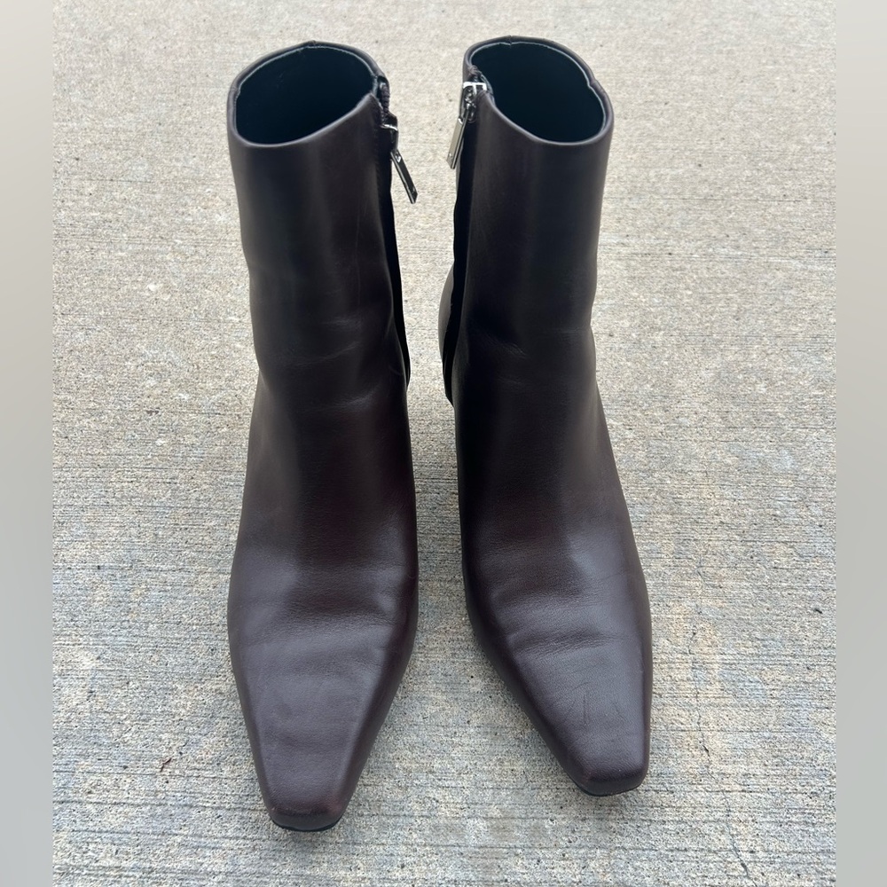 Marc Fisher Leather Square-Toe Kitten Heel Ankle Boots – Brown (7M)